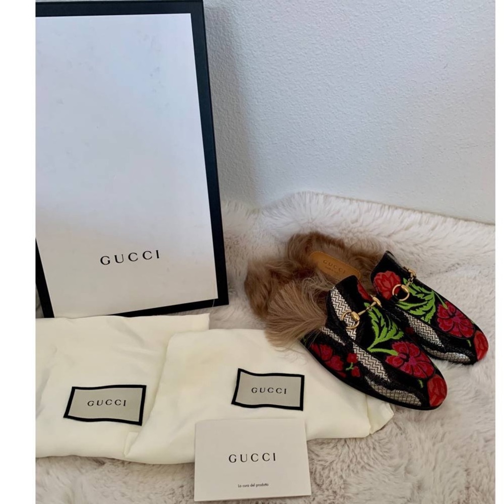 New Gucci Princetown fur Tapestry Brocade Fur Floral slippers flats - Picture 8 of 11